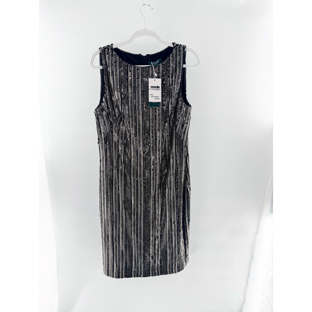 NWT Ralph Lauren Embellished Sequins Sleeveless Shift Midi Dress Black Womens 12
